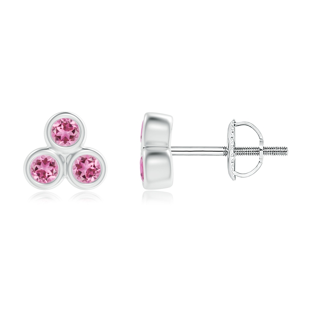 2mm AAA Bezel Set Pink Tourmaline Trio Cluster Stud Earrings in White Gold