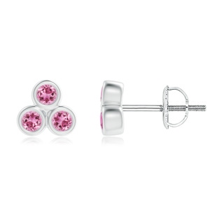 2mm AAA Bezel Set Pink Tourmaline Trio Clustre Stud Earrings in White Gold