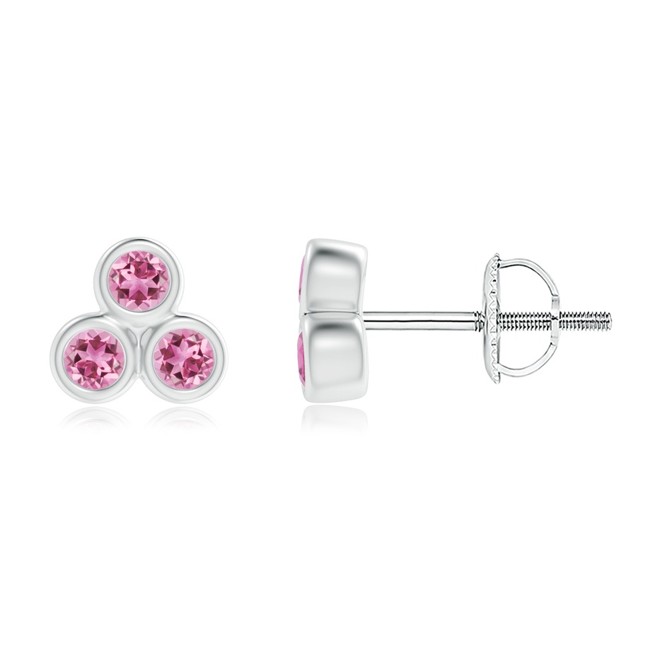 2mm AAA Bezel Set Pink Tourmaline Trio Clustre Stud Earrings in White Gold 