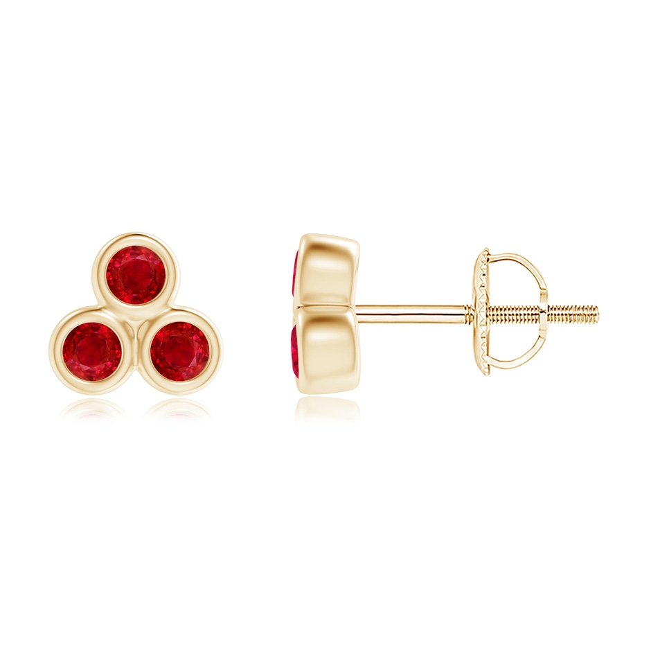 2mm AAA Bezel Set Ruby Trio Clustre Stud Earrings in Yellow Gold 