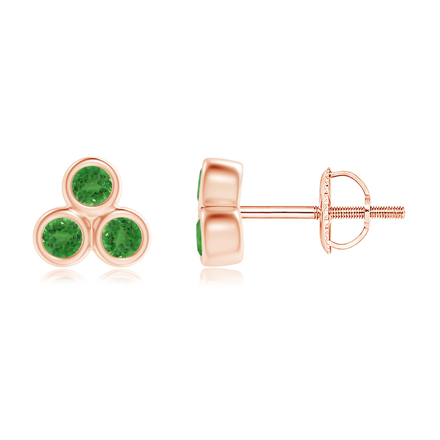 2mm AA Bezel Set Tsavorite Trio Cluster Stud Earrings in Rose Gold
