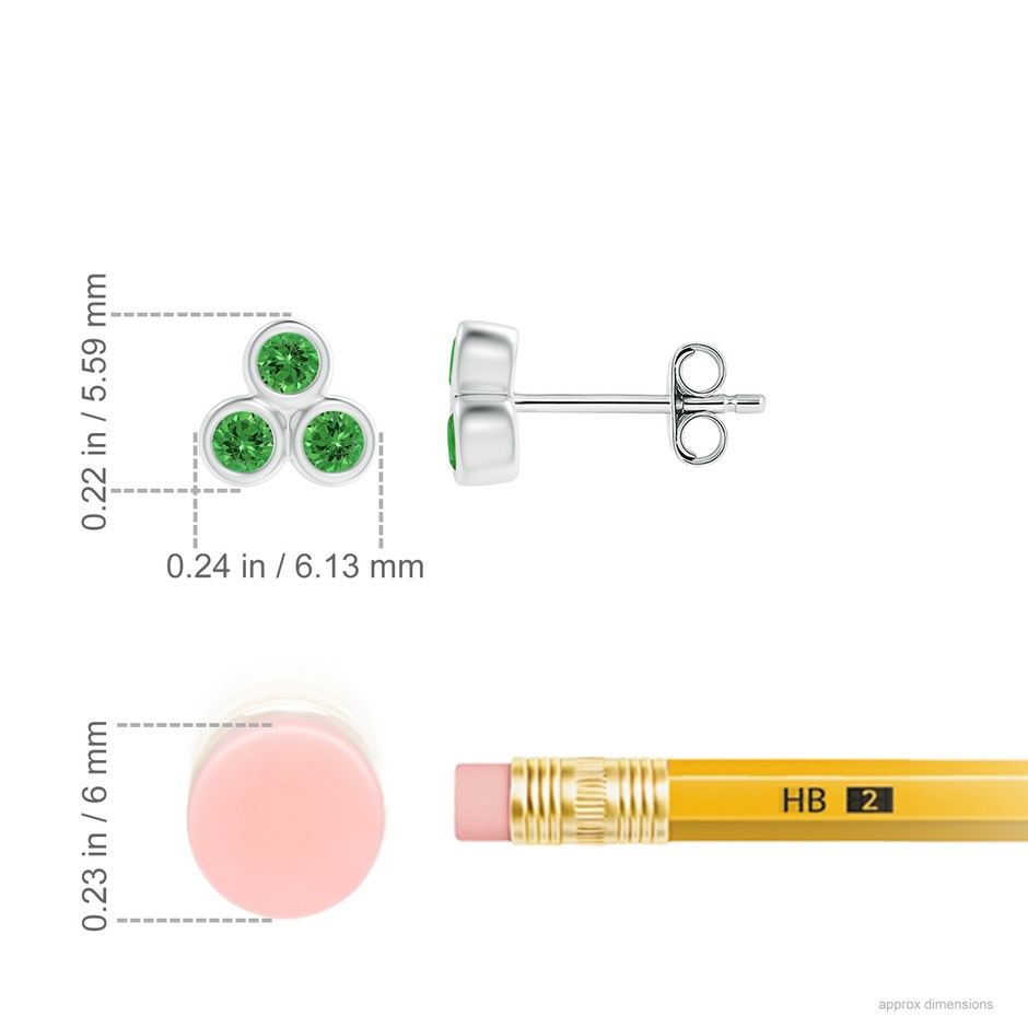 2mm AAAA Bezel Set Tsavorite Trio Cluster Stud Earrings in S999 Silver ruler
