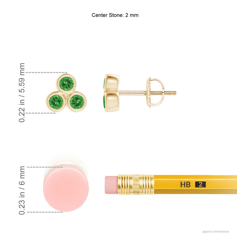 2mm AAAA Bezel Set Tsavorite Trio Clustre Stud Earrings in Yellow Gold ruler