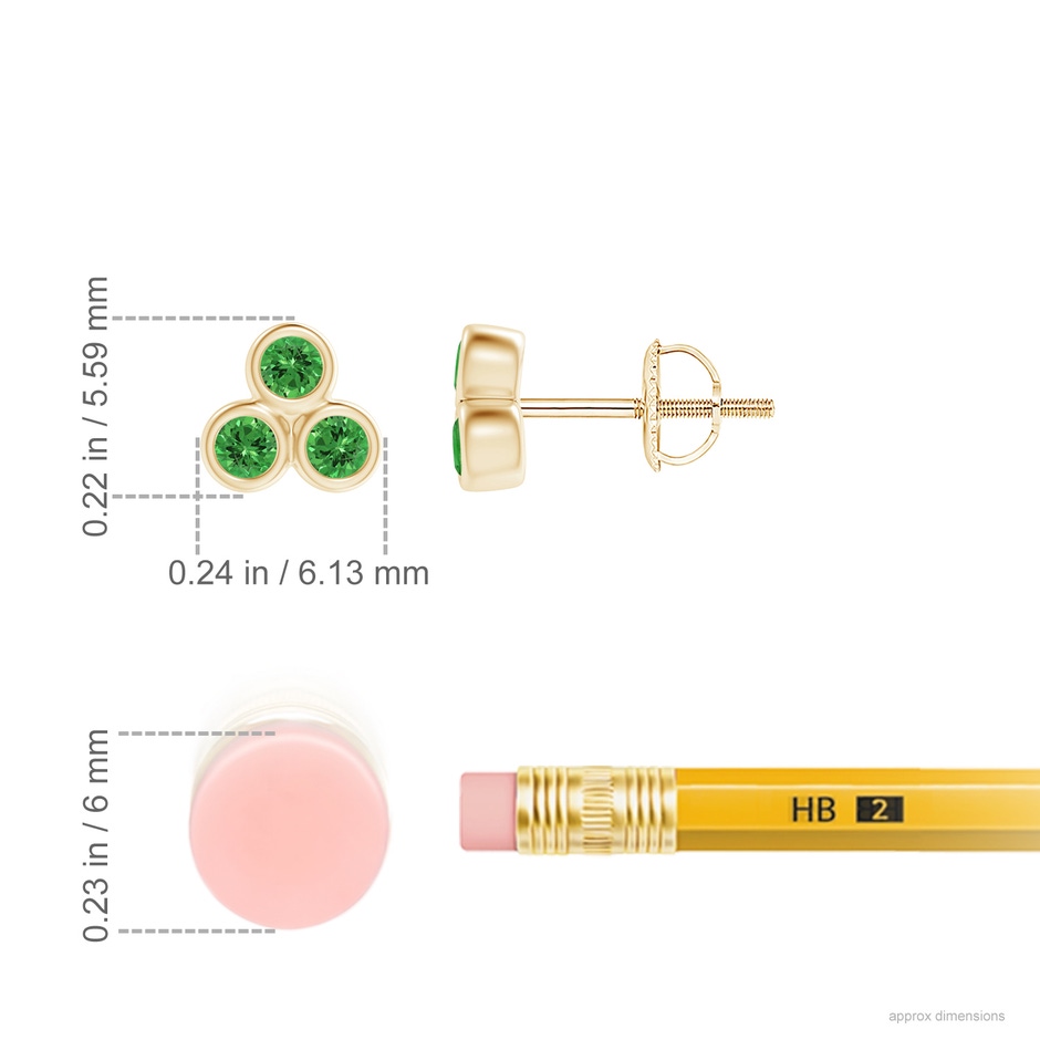 2mm AAAA Bezel Set Tsavorite Trio Clustre Stud Earrings in Yellow Gold ruler