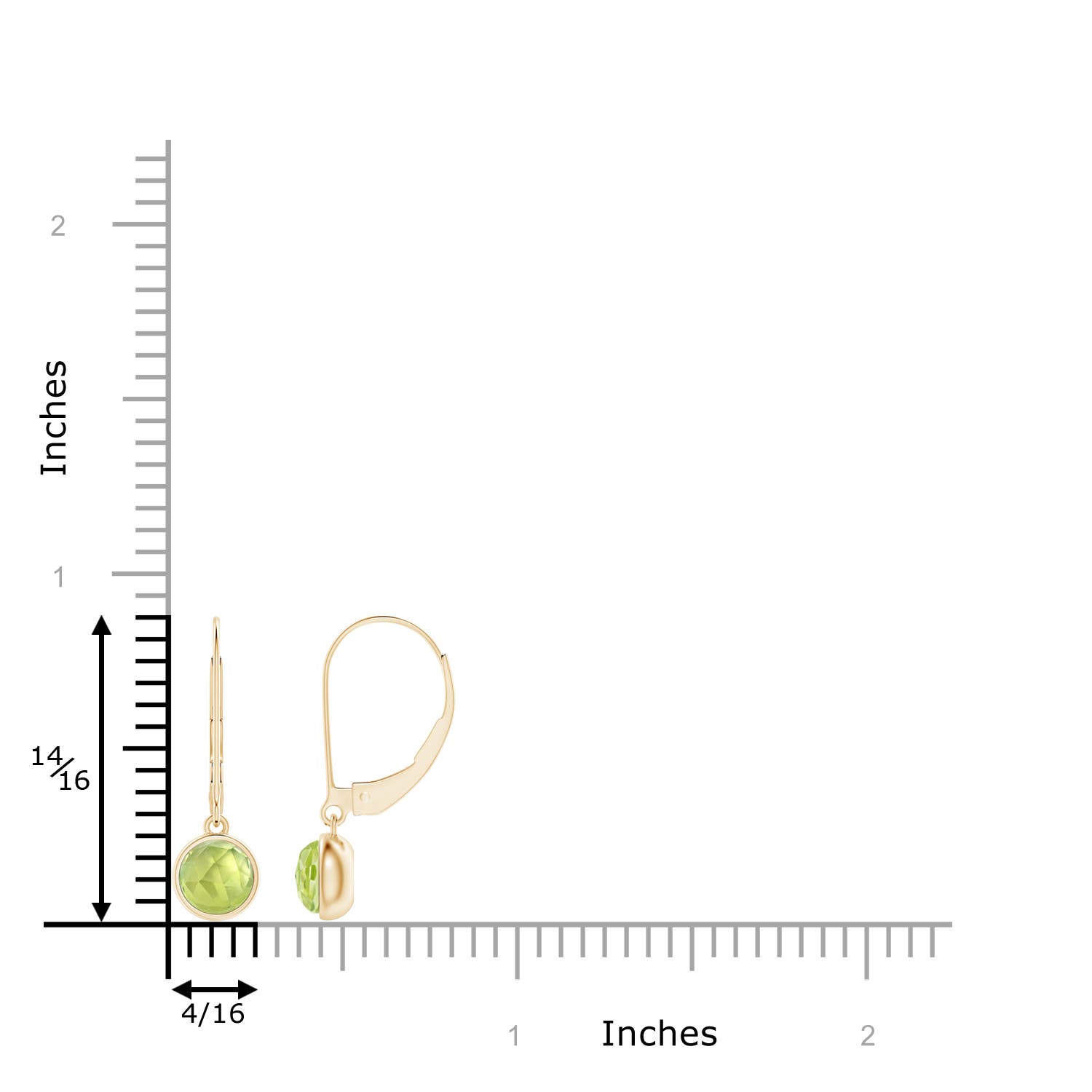 5mm AAA Round Peridot Solitaire Drop Earrings with Leverback in Yellow Gold - ruler