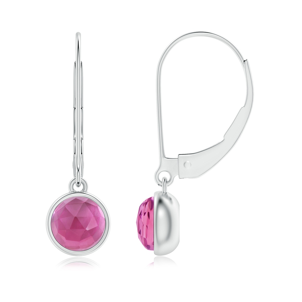 5mm AAA Round Pink Tourmaline Solitaire Drop Earrings with Leverback in White Gold