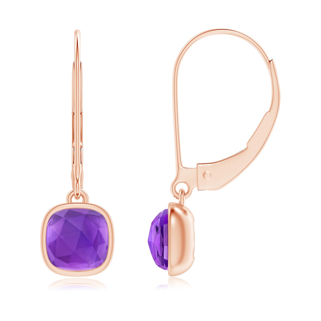5mm AAA Cushion Amethyst Solitaire Drop Earrings with Leverback in Rose Gold