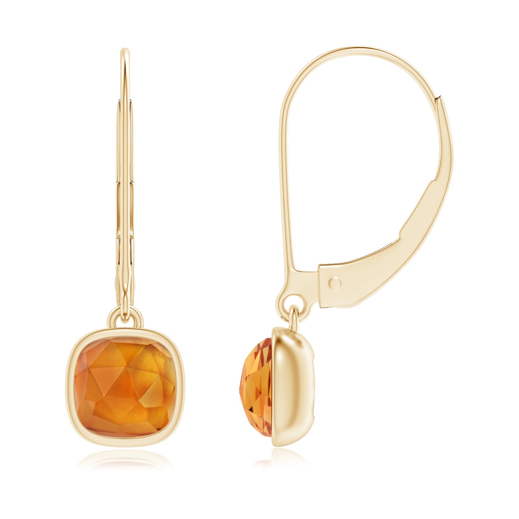 5mm AAA Cushion Citrine Solitaire Drop Earrings with Leverback in Yellow Gold