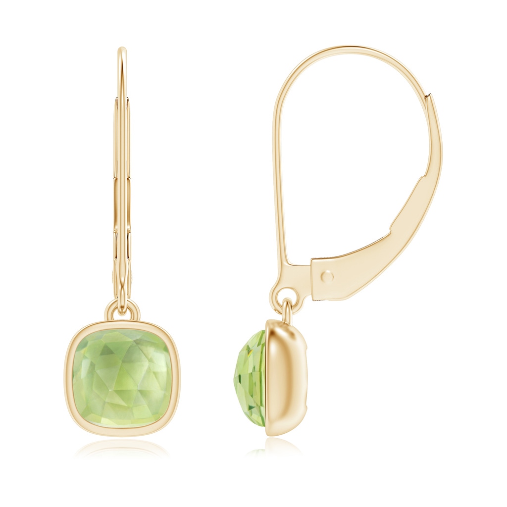 5mm AAA Cushion Peridot Solitaire Drop Earrings with Leverback in Yellow Gold