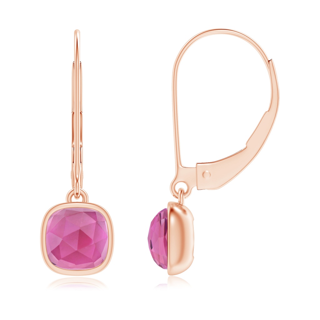 5mm AAA Cushion Pink Tourmaline Solitaire Earrings with Leverback in Rose Gold
