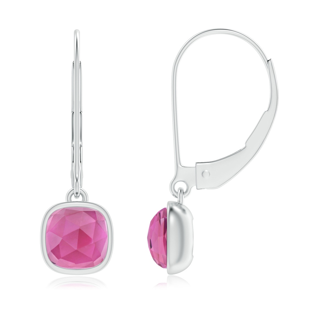 5mm AAA Cushion Pink Tourmaline Solitaire Earrings with Leverback in White Gold