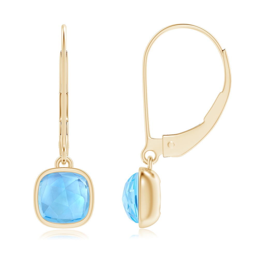 5mm AAA Cushion Swiss Blue Topaz Solitaire Earrings with Leverback in Yellow Gold