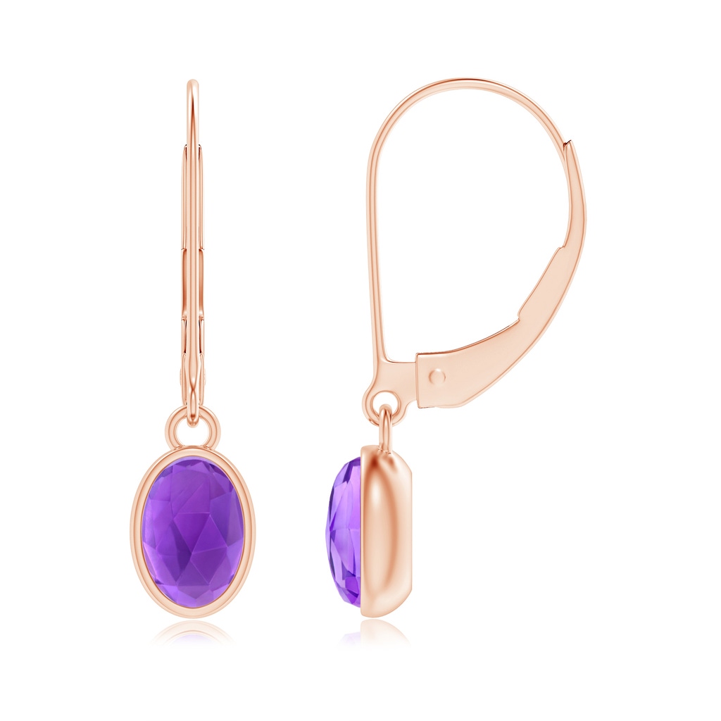 6x4mm AAA Bezel Set Oval Amethyst Solitaire Drop Earrings in Rose Gold