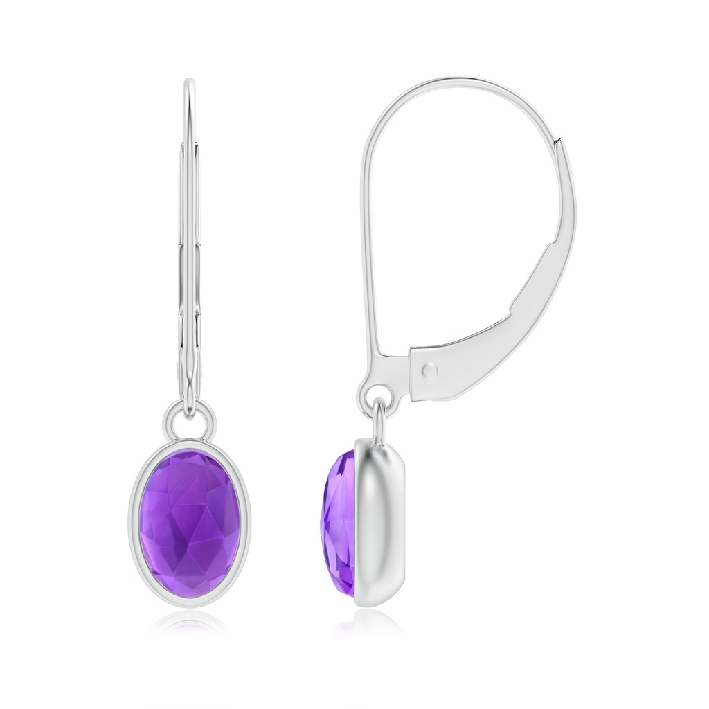 6x4mm AAA Bezel Set Oval Amethyst Solitaire Drop Earrings in White Gold