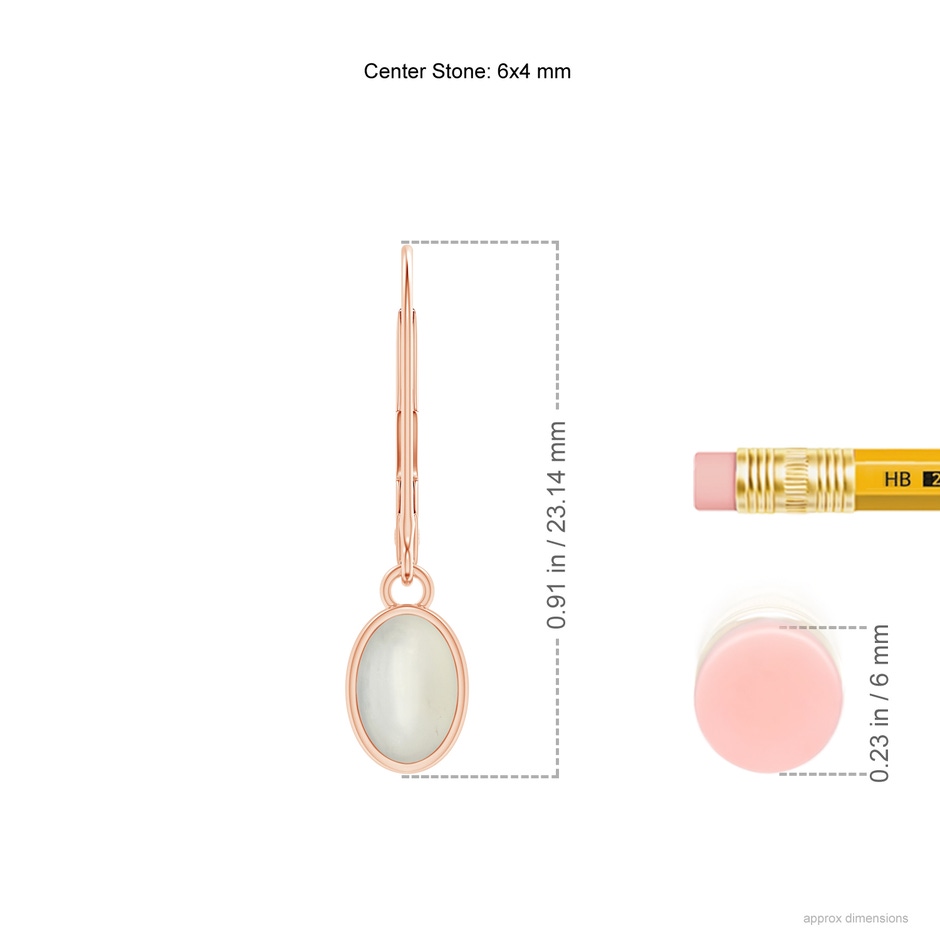 6x4mm AAA Bezel Set Oval Moonstone Solitaire Drop Earrings in Rose Gold ruler