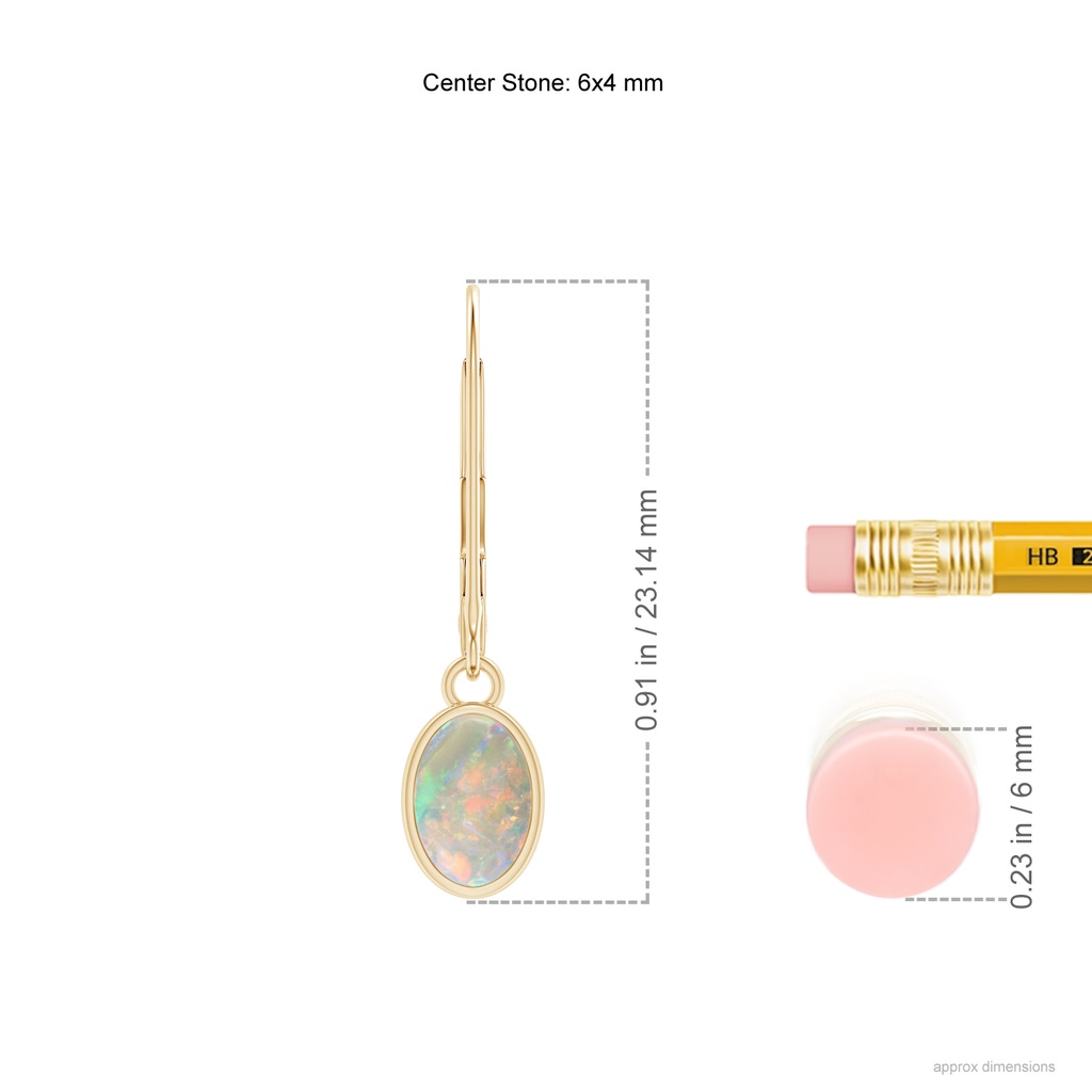 6x4mm AAAA Bezel Set Oval Opal Solitaire Drop Earrings in Yellow Gold Ruler