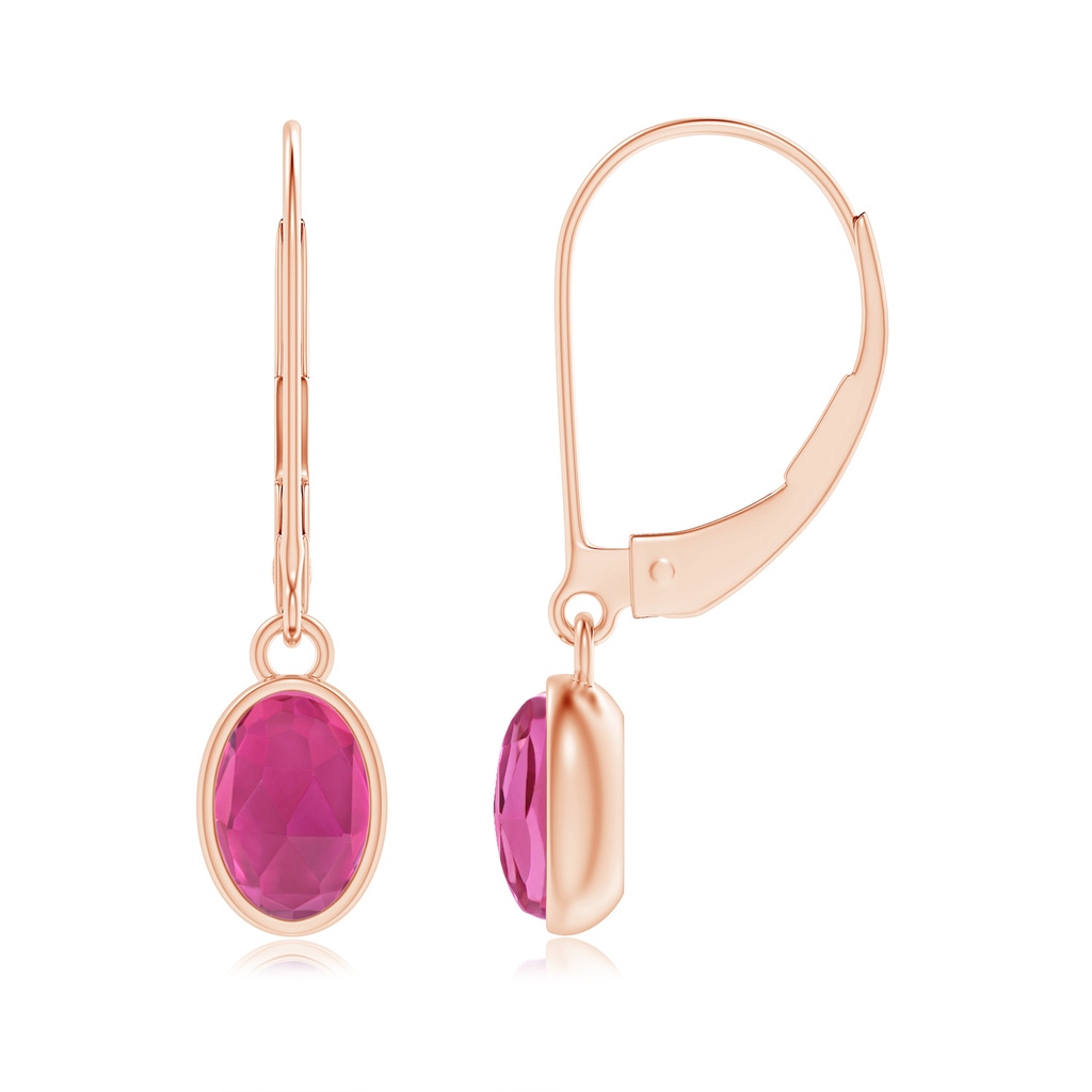 6x4mm AAA Bezel Set Oval Pink Tourmaline Solitaire Drop Earrings in Rose Gold