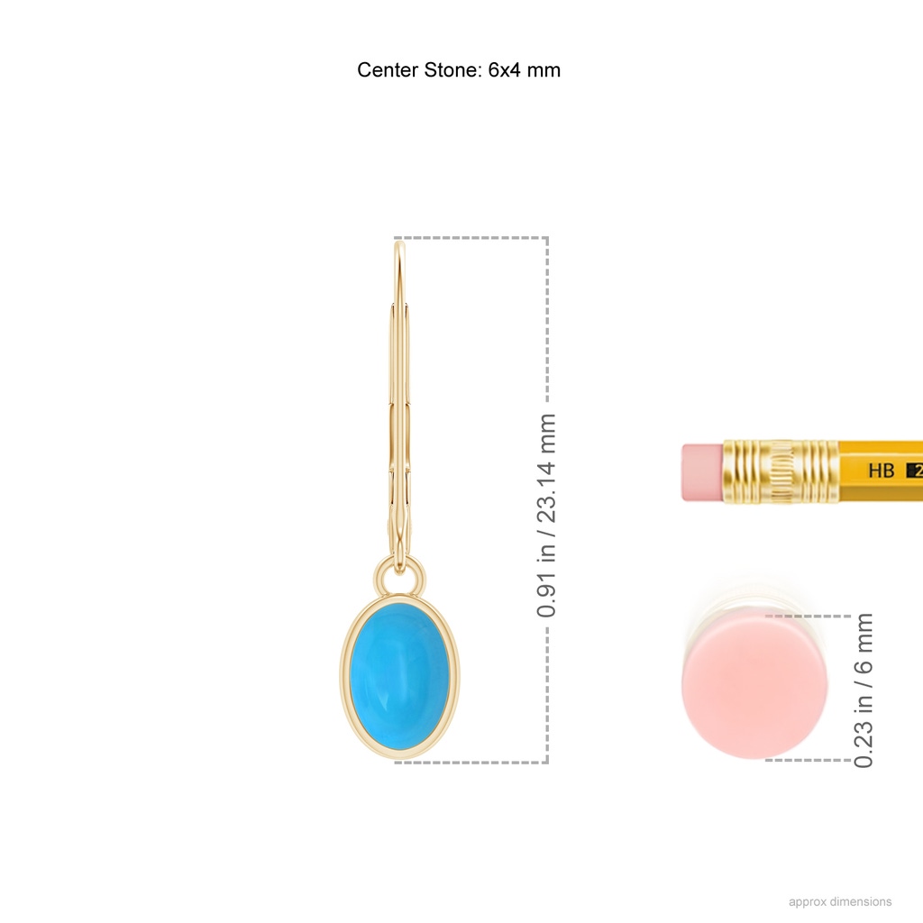 6x4mm AAAA Bezel Set Oval Turquoise Solitaire Drop Earrings in Yellow Gold Ruler