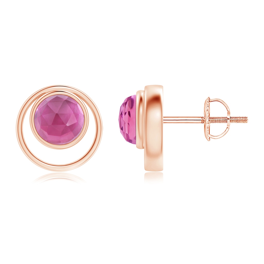 5mm AAA Bezel Set Pink Tourmaline Concentric Circle Stud Earrings in Rose Gold