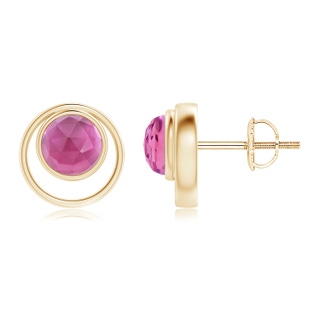 5mm AAA Bezel Set Pink Tourmaline Concentric Circle Stud Earrings in Yellow Gold