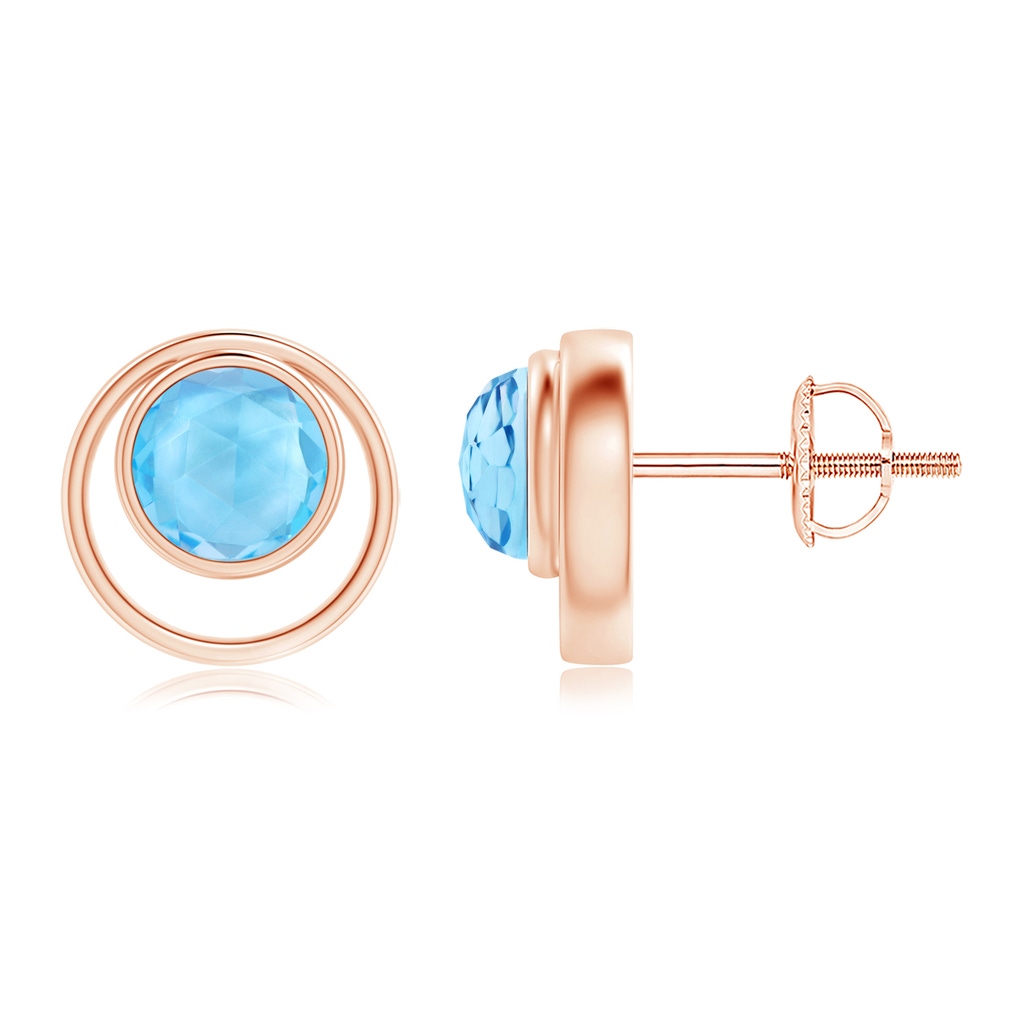 5mm AAA Bezel Set Swiss Blue Topaz Concentric Circle Stud Earrings in Rose Gold