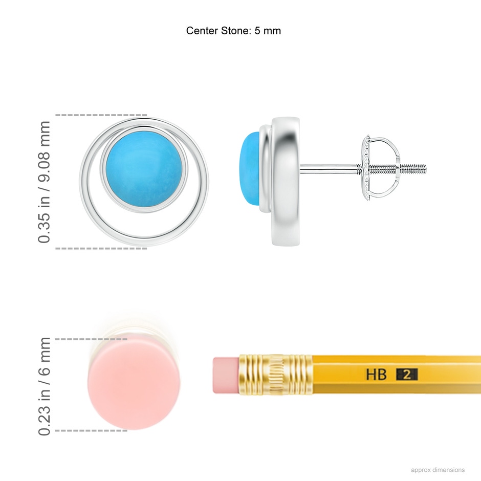 5mm AAA Bezel Set Turquoise Concentric Circle Stud Earrings in White Gold ruler