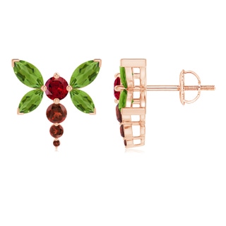 6x3mm AAAA Peridot and Garnet Dragonfly Stud Earrings in 9K Rose Gold