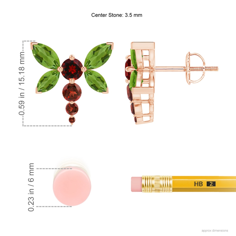 6x3mm AAAA Peridot and Garnet Dragonfly Stud Earrings in Rose Gold product image