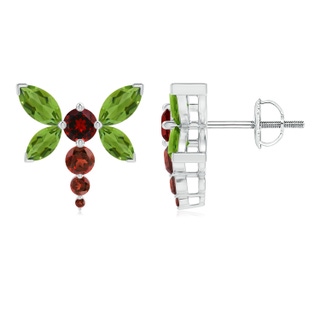 6x3mm AAAA Peridot and Garnet Dragonfly Stud Earrings in White Gold