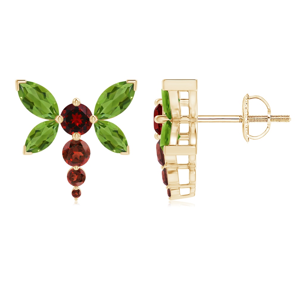 6x3mm AAAA Peridot and Garnet Dragonfly Stud Earrings in Yellow Gold