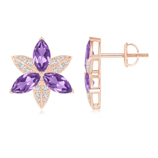 8x4mm A Amethyst and Diamond Trillium Flower Stud Earrings in 9K Rose Gold