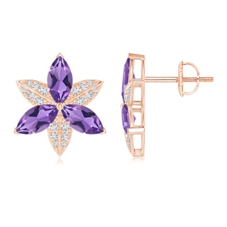 8x4mm AA Amethyst and Diamond Trillium Flower Stud Earrings in 9K Rose Gold