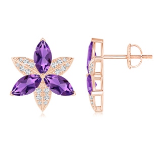 8x4mm AAA Amethyst and Diamond Trillium Flower Stud Earrings in 9K Rose Gold