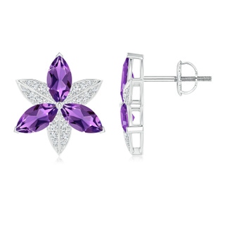 8x4mm AAA Amethyst and Diamond Trillium Flower Stud Earrings in White Gold