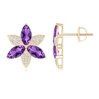 8x4mm AAA Amethyst and Diamond Trillium Flower Stud Earrings in Yellow Gold