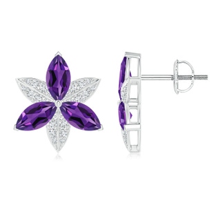 8x4mm AAAA Amethyst and Diamond Trillium Flower Stud Earrings in White Gold