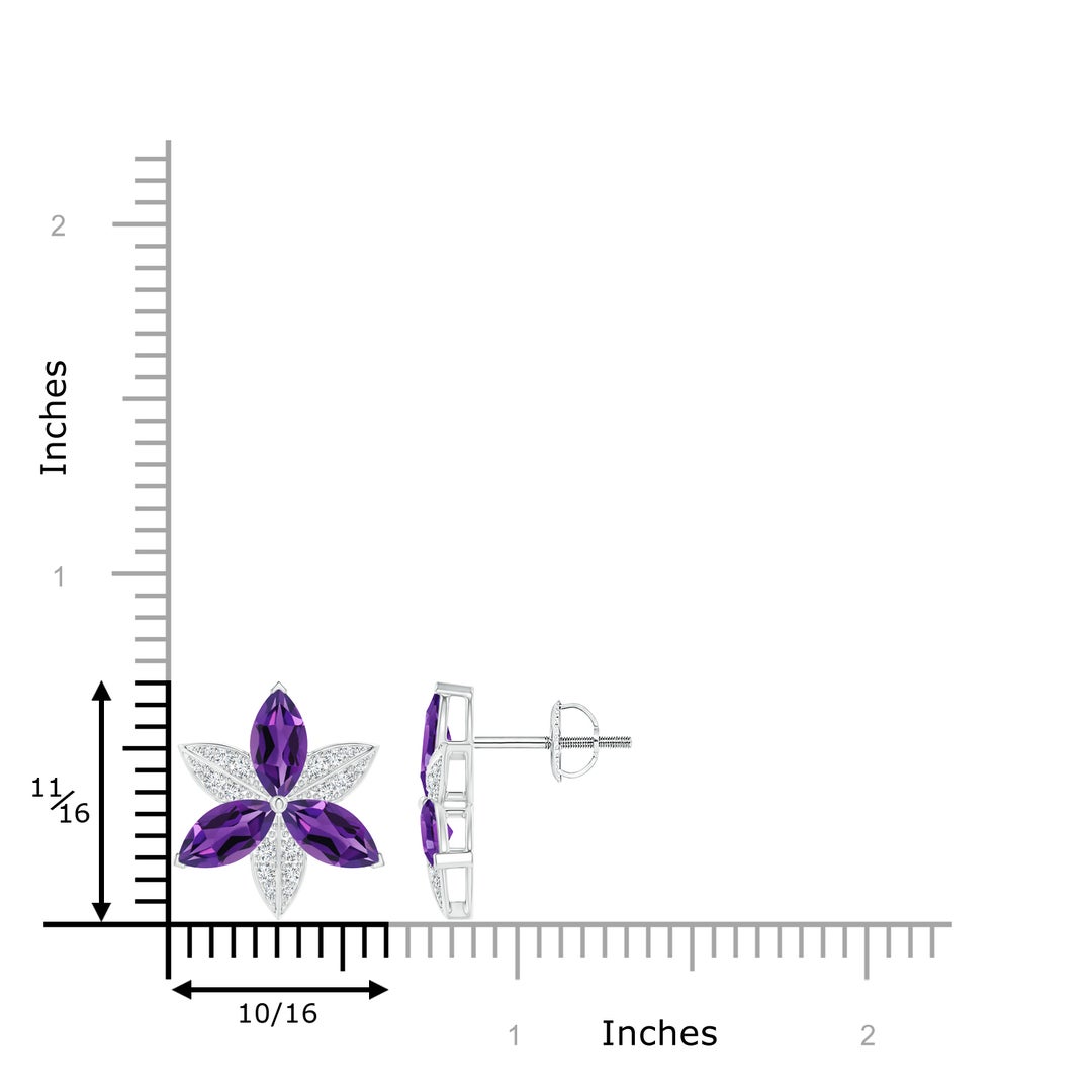 8x4mm AAAA Amethyst and Diamond Trillium Flower Stud Earrings in White Gold - ruler