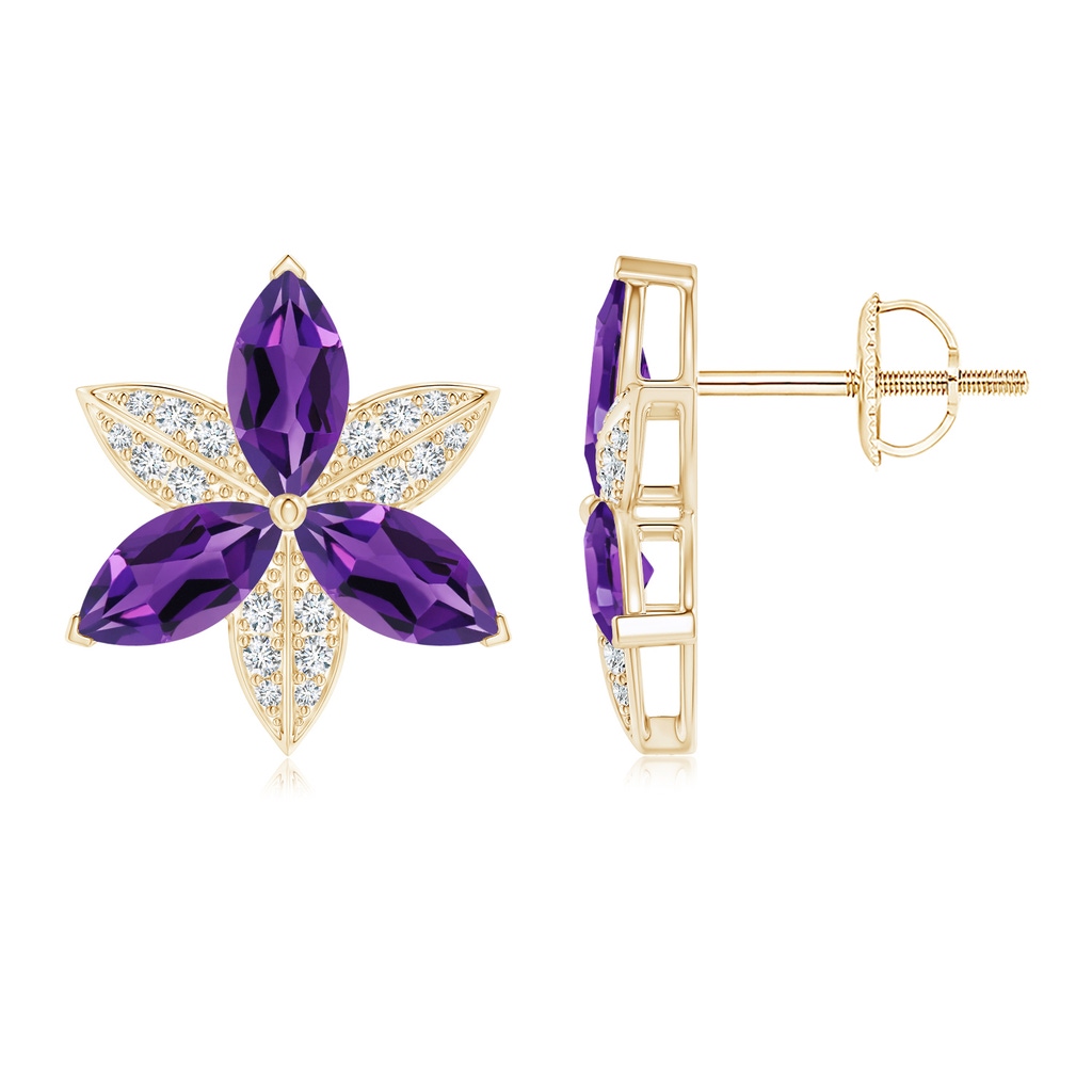 8x4mm AAAA Amethyst and Diamond Trillium Flower Stud Earrings in Yellow Gold