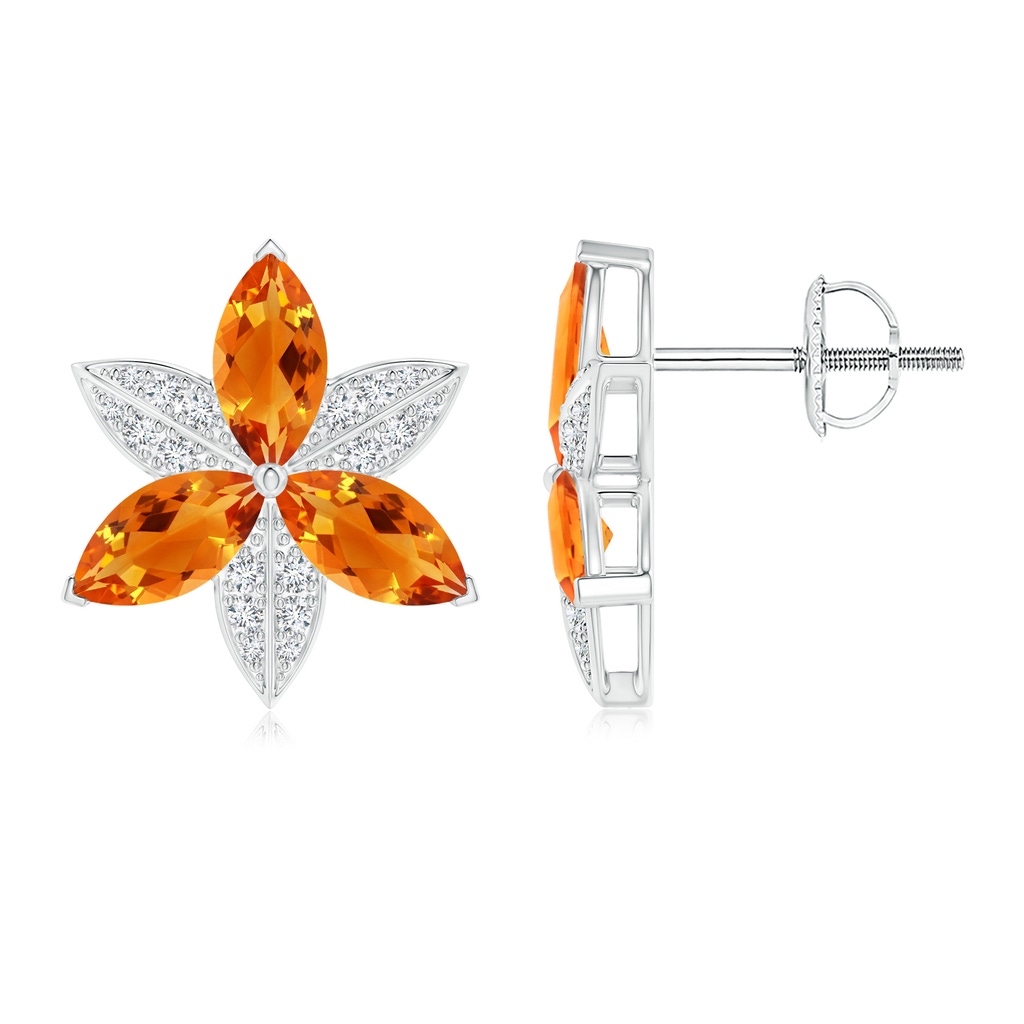 8x4mm AAAA Citrine and Diamond Trillium Flower Stud Earrings in White Gold