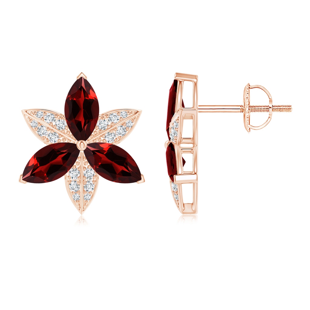 8x4mm AAA Garnet and Diamond Trillium Flower Stud Earrings in Rose Gold