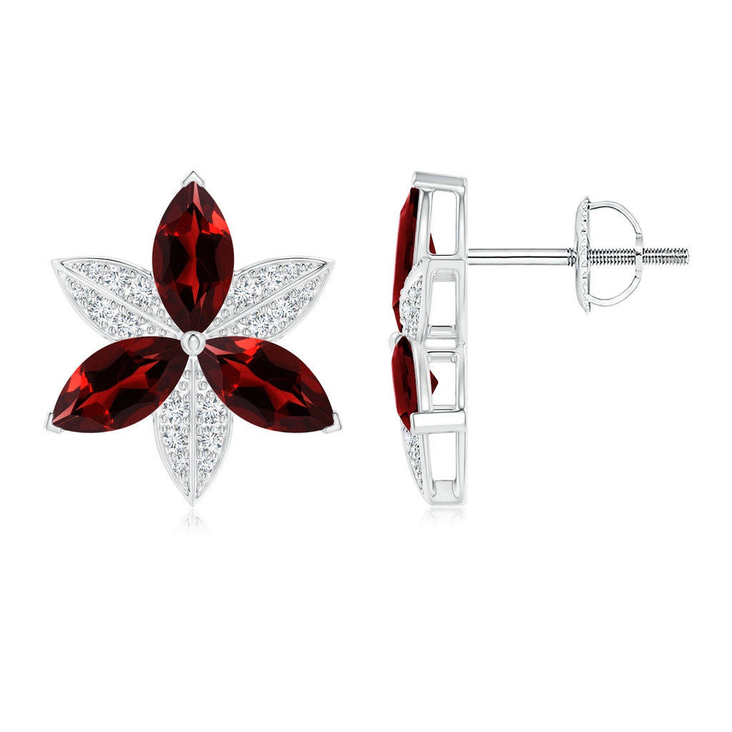 8x4mm AAA Garnet and Diamond Trillium Flower Stud Earrings in White Gold