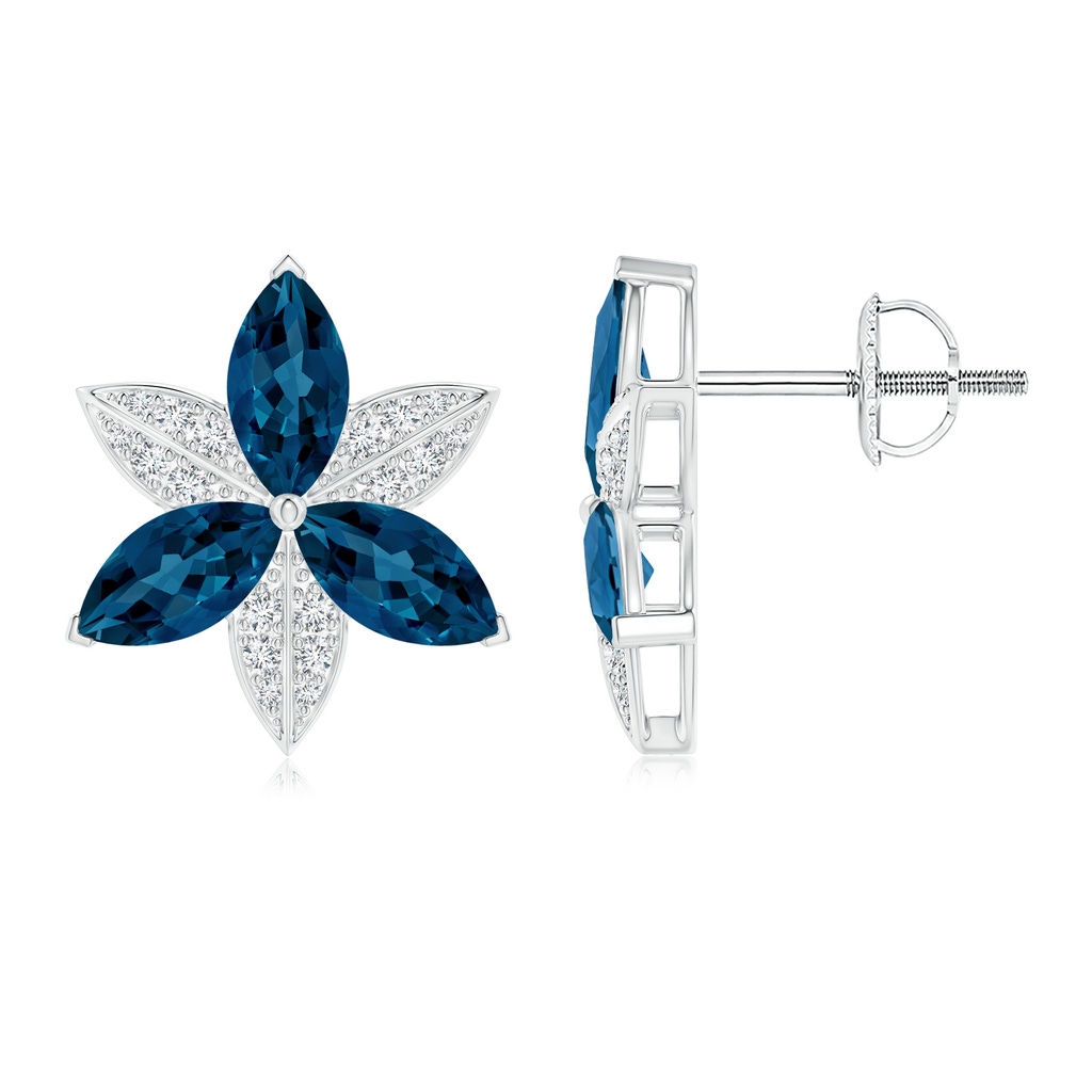 8x4mm AAA London Blue Topaz and Diamond Trillium Flower Stud Earrings in White Gold