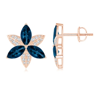 8x4mm AAAA London Blue Topaz and Diamond Trillium Flower Stud Earrings in Rose Gold