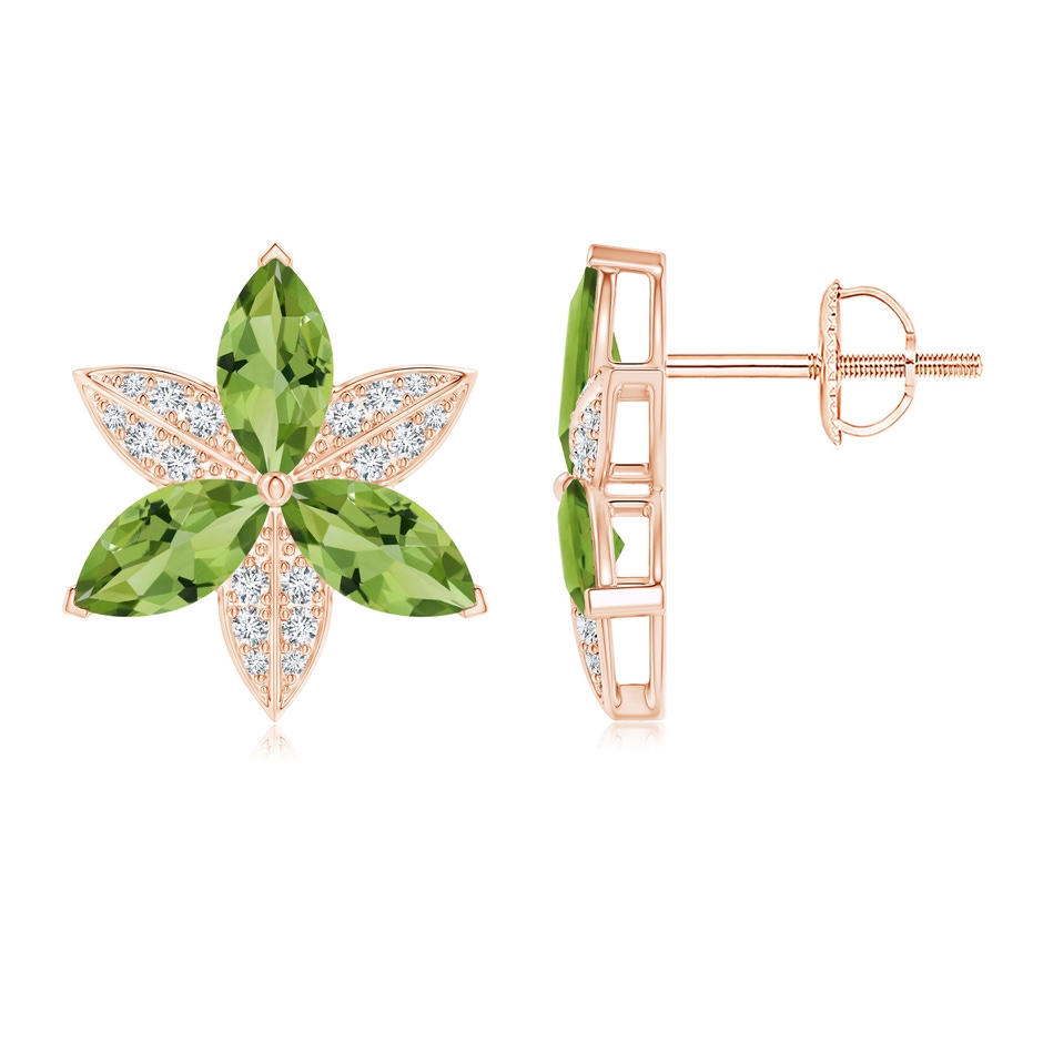 8x4mm AAA Peridot and Diamond Trillium Flower Stud Earrings in Rose Gold 