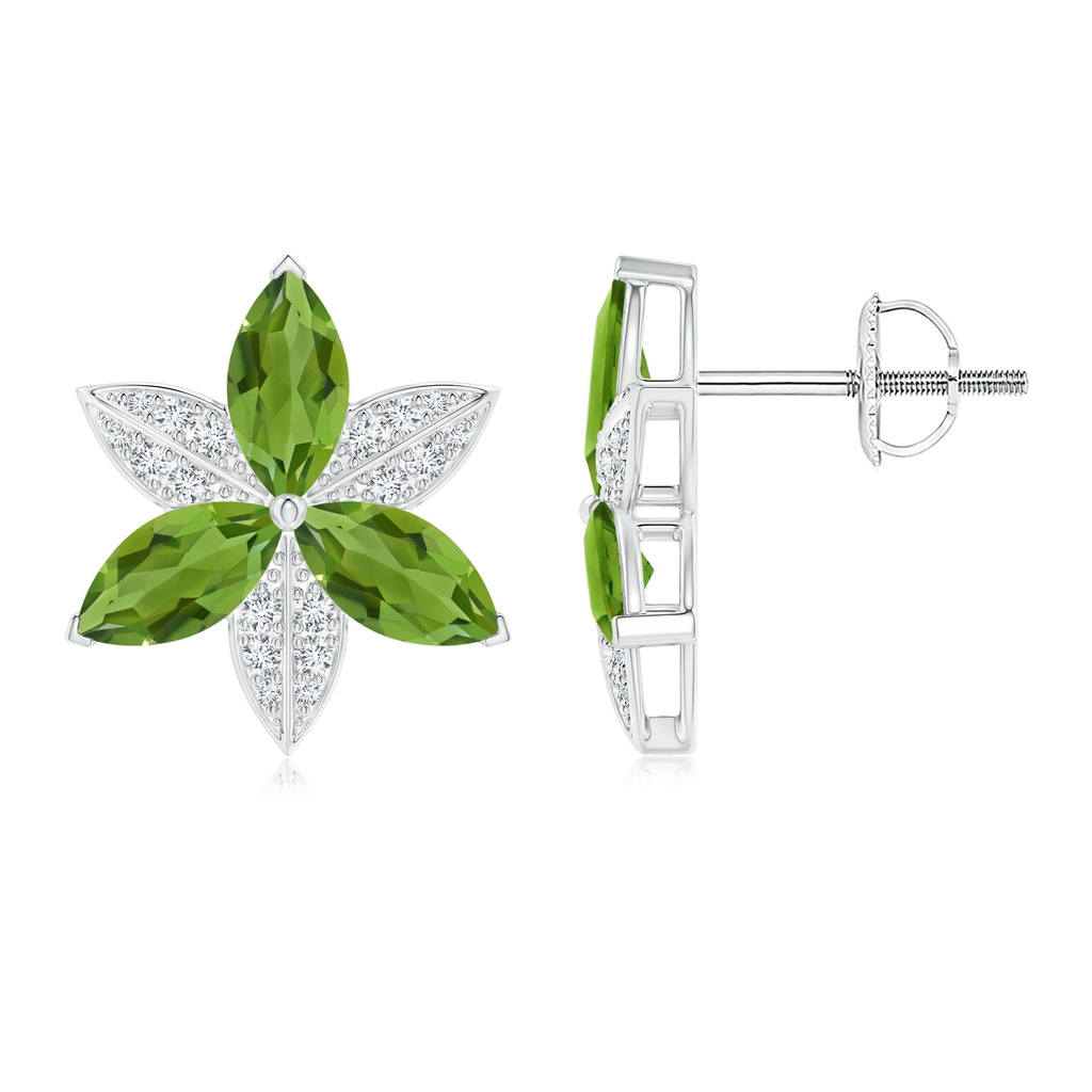 8x4mm AAAA Peridot and Diamond Trillium Flower Stud Earrings in White Gold