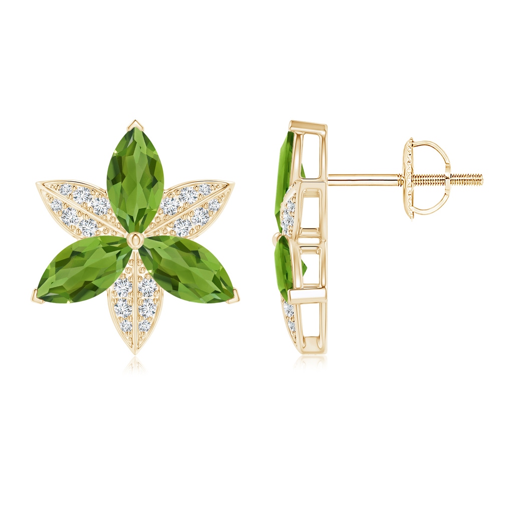 8x4mm AAAA Peridot and Diamond Trillium Flower Stud Earrings in Yellow Gold