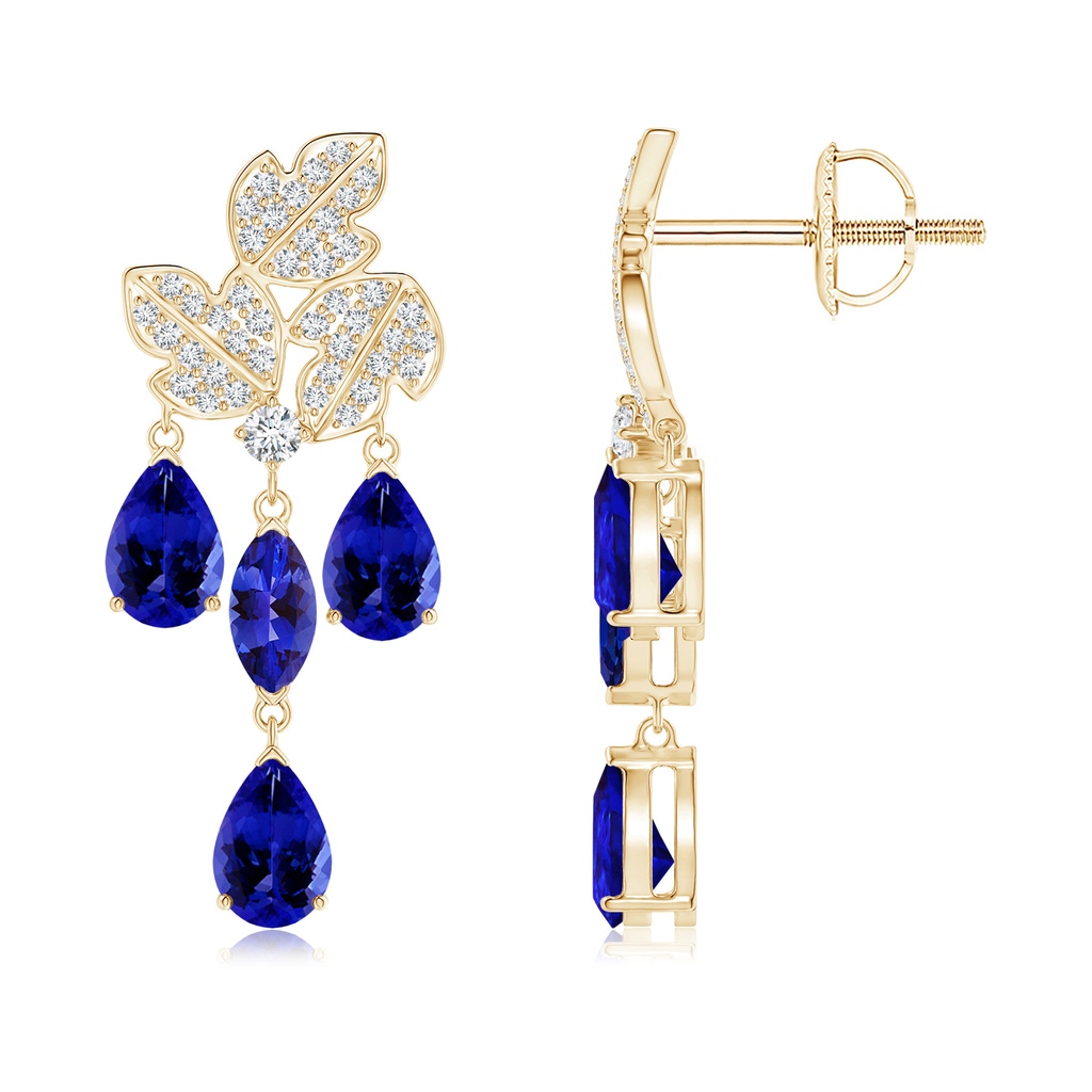 6x3mm AAAA Pear and Marquise Tanzanite Grapevine Earrings in Yellow Gold