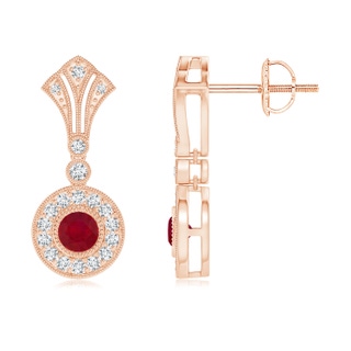 3.5mm AA Bezel-Set Ruby Halo Dangle Earrings with Kite-Shaped Motif in Rose Gold