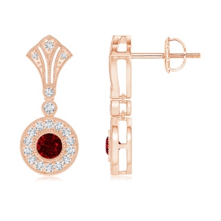 3.5mm AAAA Bezel-Set Ruby Halo Dangle Earrings with Kite-Shaped Motif in Rose Gold