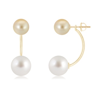 10mm AAA White South Sea & Golden South Sea Cultured Pearl Front Back Earrings in Yellow Gold